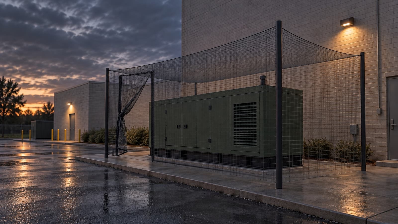 Concept rendering of a standby generator inside overhead and side netting, with a net entrance drawn aside.