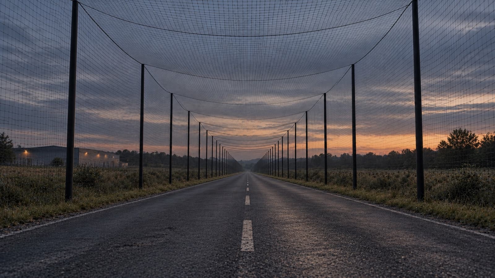 Concept rendering of overhead and side netting along a roadway, receding into the distance.