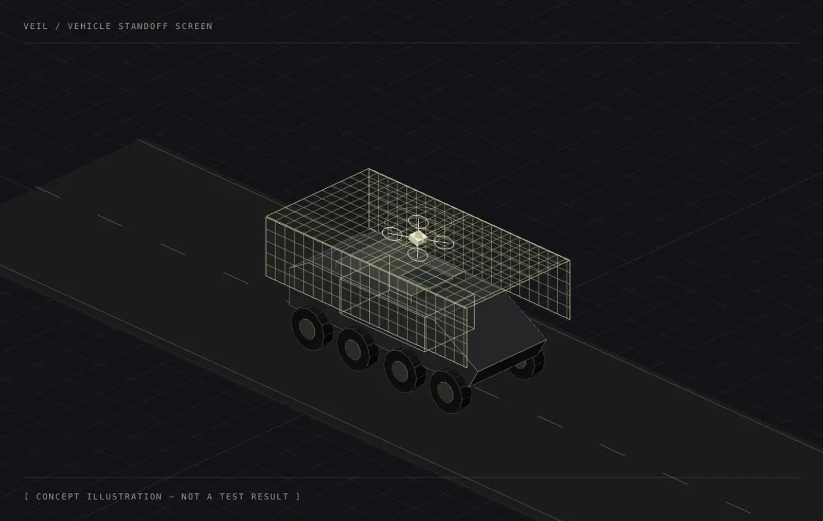 Concept illustration of a generic vehicle beneath a protective cage; not a test article or demonstrated performance result.