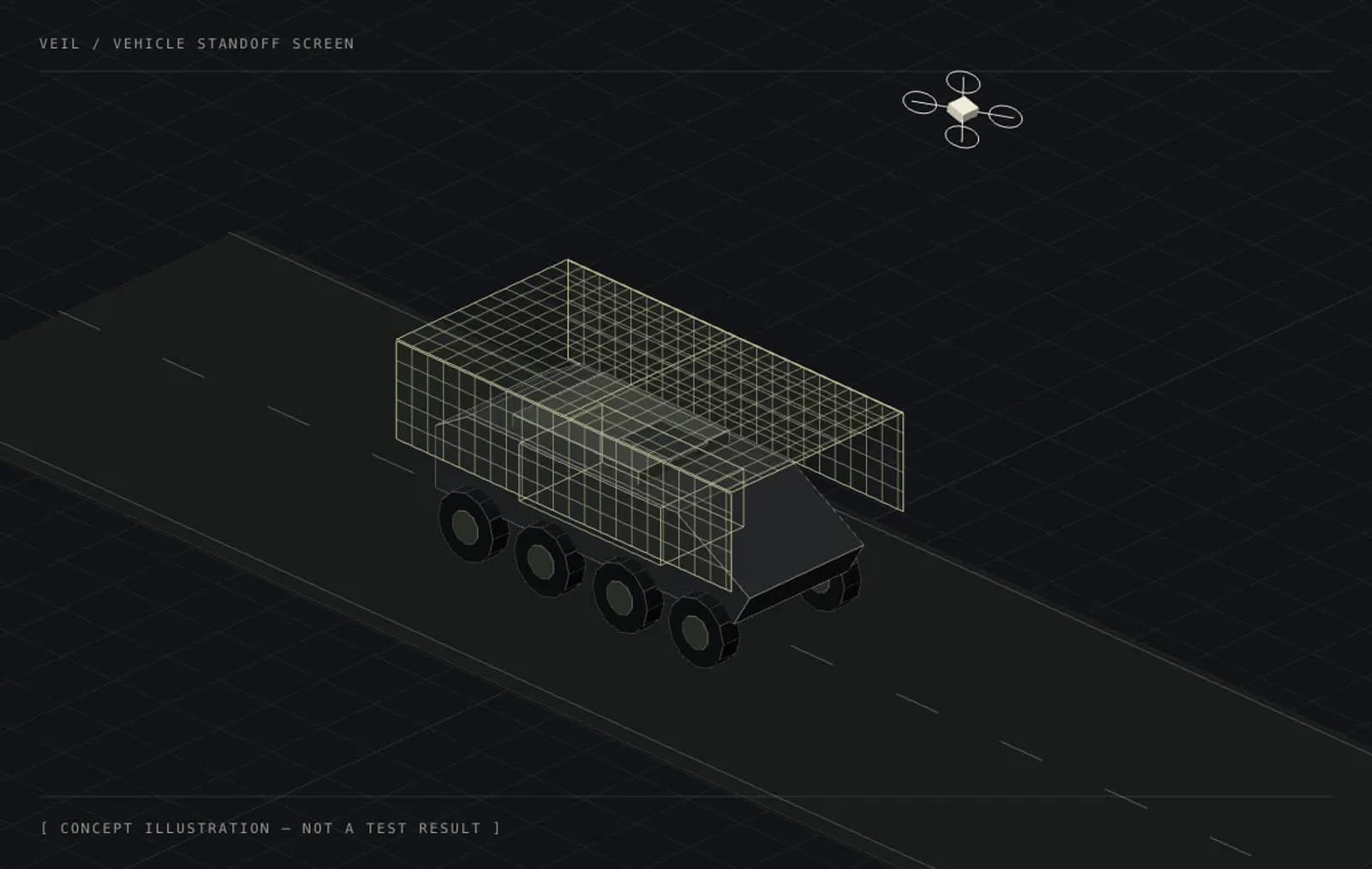 Concept illustration of a generic wheeled vehicle beneath a protective framework; not a test article.